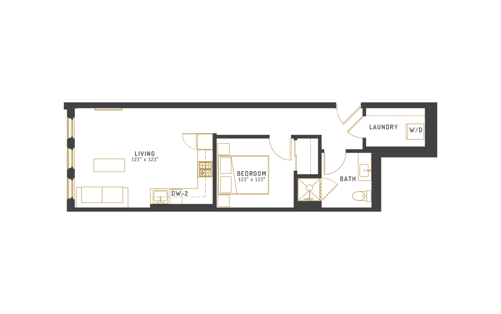 B1 - 60% AMI ARO - 1 bedroom floorplan layout with 1 bath and 601 square feet.