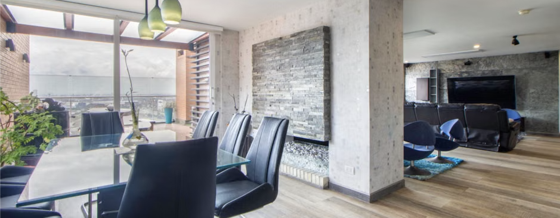penthouse double height living room skyline interior