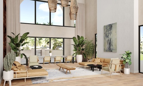A beautifully staged, expansive living room in a modern luxury condo with city views - 3 bedroom luxury condo floor plans