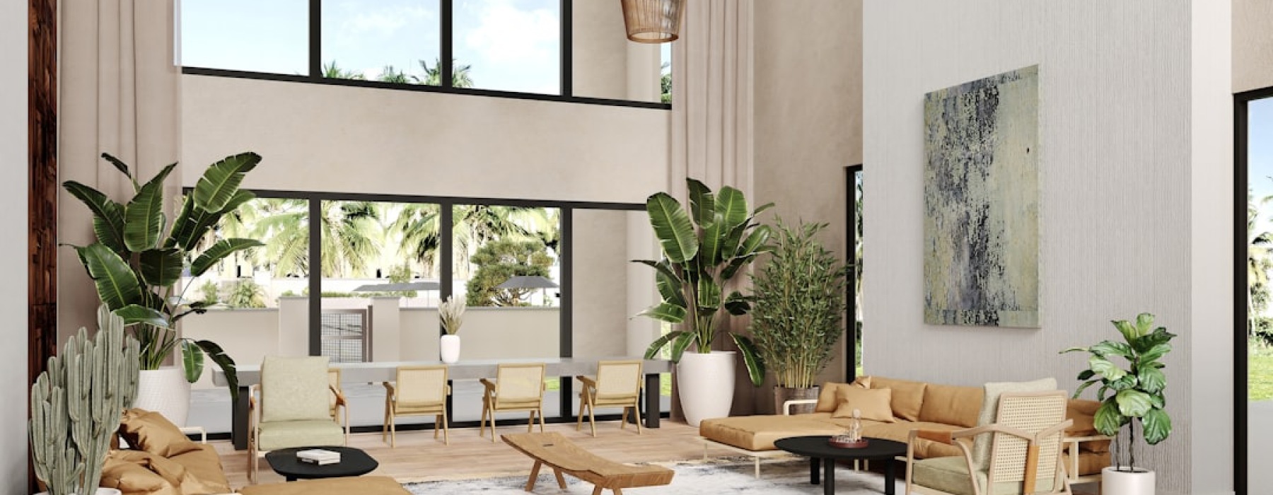 A beautifully staged, expansive living room in a modern luxury condo with city views - 3 bedroom luxury condo floor plans